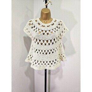 Open Knit Cap Sleeve Sweater M Hand Made Beaded Cream Gold Cottage Boho Grandma